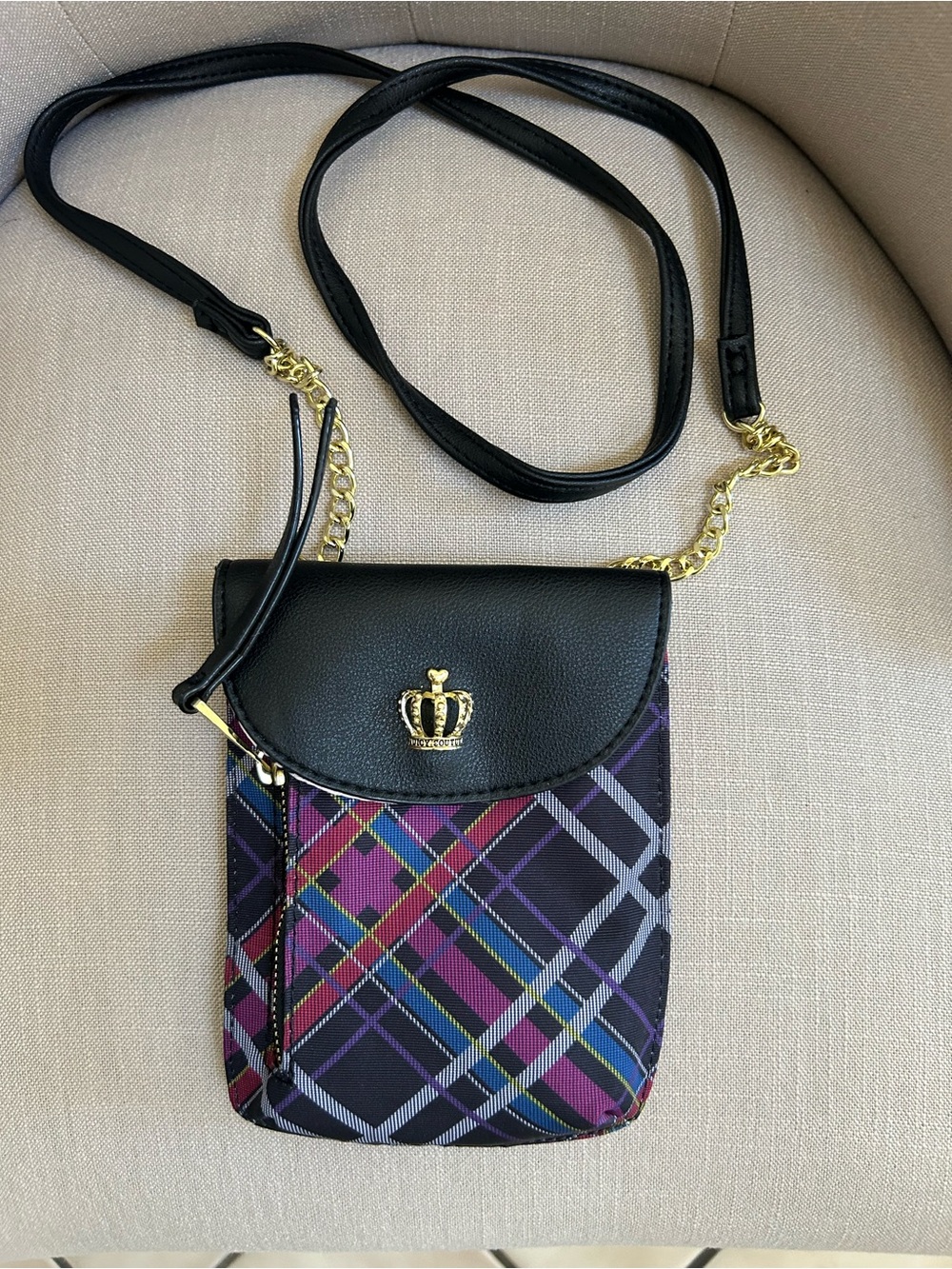 Juicy Couture Black and Purple Plaid Crossbody Pouch with Gold Crown